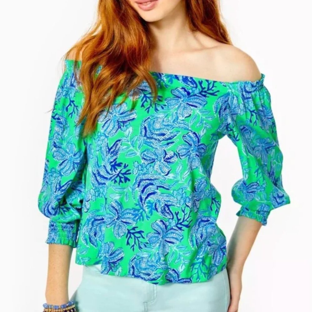 Lessa Off-The-Shoulder Top Cabana Green Keepin It Reel - Picture 1 of 5